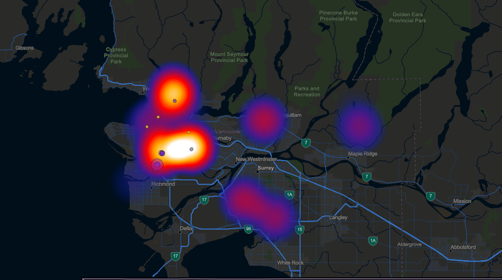 Heatmap visualization of rodent activity from Humane Solutions Inc.'s HS Portal.